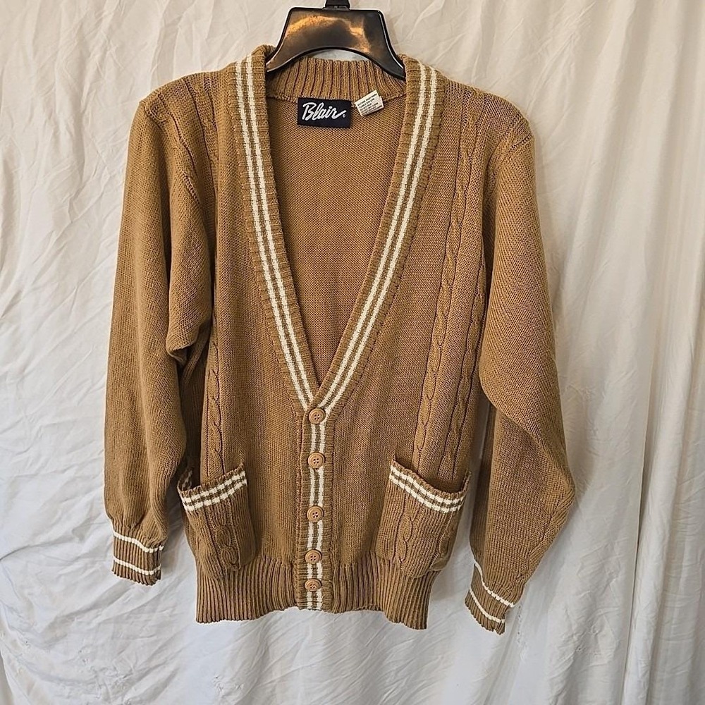 Vintage Blair Button-Up Knit Cardigan Camel Brown Stripe Sz S Retro Boho Preppy